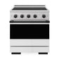 ZLINE Autograph Edition 30 in. 4.2 cu. ft. Marino Induction Range with 4 Element Cooktop and Electric Convection Oven in Satin Stainless Steel with White Matte Door and Matte Black Accents (MINRSZ-WM-30-MB) front, oven closed.