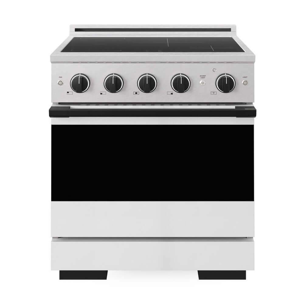ZLINE Autograph Edition 30 in. 4.2 cu. ft. Marino Induction Range with 4 Element Cooktop and Electric Convection Oven in Satin Stainless Steel with White Matte Door and Matte Black Accents (MINRSZ-WM-30-MB) front, oven closed.