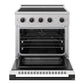 ZLINE Autograph Edition 30 in. 4.2 cu. ft. Marino Induction Range with 4 Element Cooktop and Electric Convection Oven in Satin Stainless Steel with White Matte Door and Matte Black Accents (MINRSZ-WM-30-MB) front, oven open.
