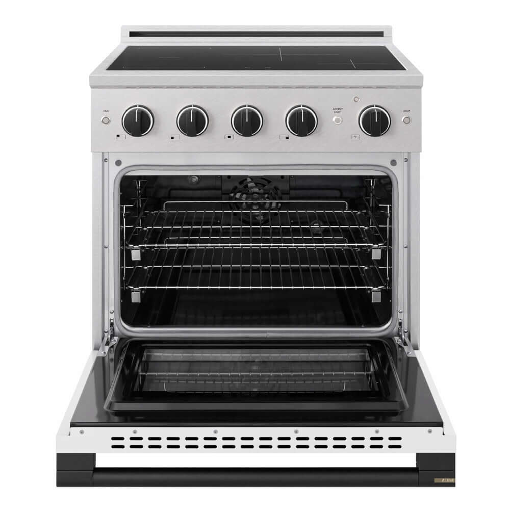 ZLINE Autograph Edition 30 in. 4.2 cu. ft. Marino Induction Range with 4 Element Cooktop and Electric Convection Oven in Satin Stainless Steel with White Matte Door and Matte Black Accents (MINRSZ-WM-30-MB) front, oven open.