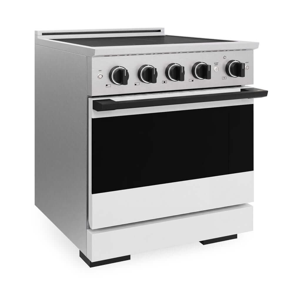 ZLINE Autograph Edition 30 in. 4.2 cu. ft. Marino Induction Range with 4 Element Cooktop and Electric Convection Oven in Satin Stainless Steel with White Matte Door and Matte Black Accents (MINRSZ-WM-30-MB) side.