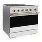 ZLINE Autograph Edition 36 in. 5.2 cu. ft. Marino Induction Range with 5 Element Cooktop and Electric Convection Oven in Satin Stainless Steel with White Matte Door and Champagne Bronze Accents (MINRSZ-WM-36-CB)