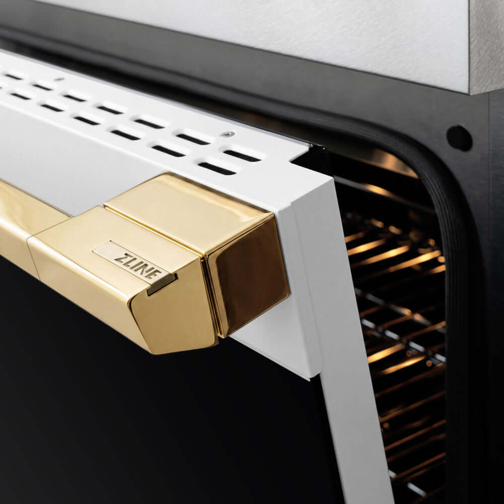 ZLINE Autograph Edition 36 in. 5.2 cu. ft. Marino Induction Range with 5 Element Cooktop and Electric Convection Oven in Satin Stainless Steel with White Matte Door and Polished Gold Accents (MINRSZ-WM-36-G) close-up, oven door handle.