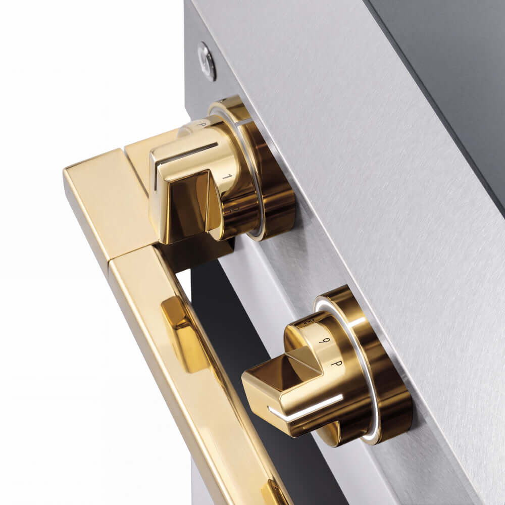 ZLINE Autograph Edition 36 in. 5.2 cu. ft. Marino Induction Range with 5 Element Cooktop and Electric Convection Oven in Satin Stainless Steel with White Matte Door and Polished Gold Accents (MINRSZ-WM-36-G) close-up, modern oven and cooktop knobs.