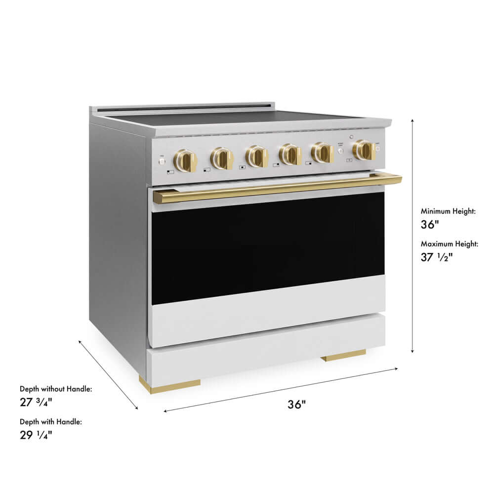 ZLINE Autograph Edition 36 in. 5.2 cu. ft. Marino Induction Range with 5 Element Cooktop and Electric Convection Oven in Satin Stainless Steel with White Matte Door and Polished Gold Accents (MINRSZ-WM-36-G) with dimensions labeled.
