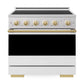 ZLINE Autograph Edition 36 in. 5.2 cu. ft. Marino Induction Range with 5 Element Cooktop and Electric Convection Oven in Satin Stainless Steel with White Matte Door and Polished Gold Accents (MINRSZ-WM-36-G) front, oven closed.
