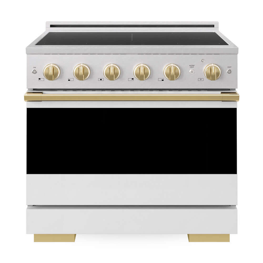 ZLINE Autograph Edition 36 in. 5.2 cu. ft. Marino Induction Range with 5 Element Cooktop and Electric Convection Oven in Satin Stainless Steel with White Matte Door and Polished Gold Accents (MINRSZ-WM-36-G) front, oven closed.