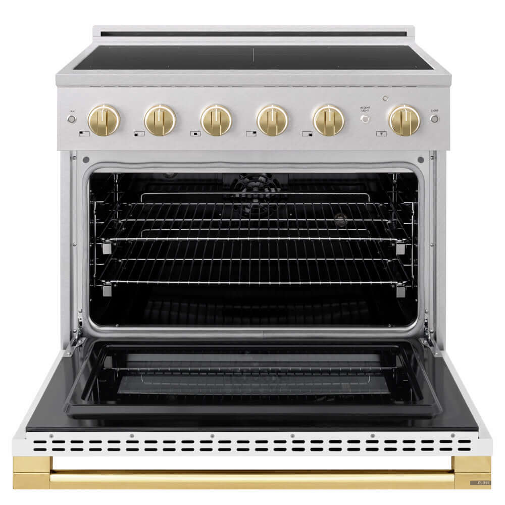 ZLINE Autograph Edition 36 in. 5.2 cu. ft. Marino Induction Range with 5 Element Cooktop and Electric Convection Oven in Satin Stainless Steel with White Matte Door and Polished Gold Accents (MINRSZ-WM-36-G) front, oven open.