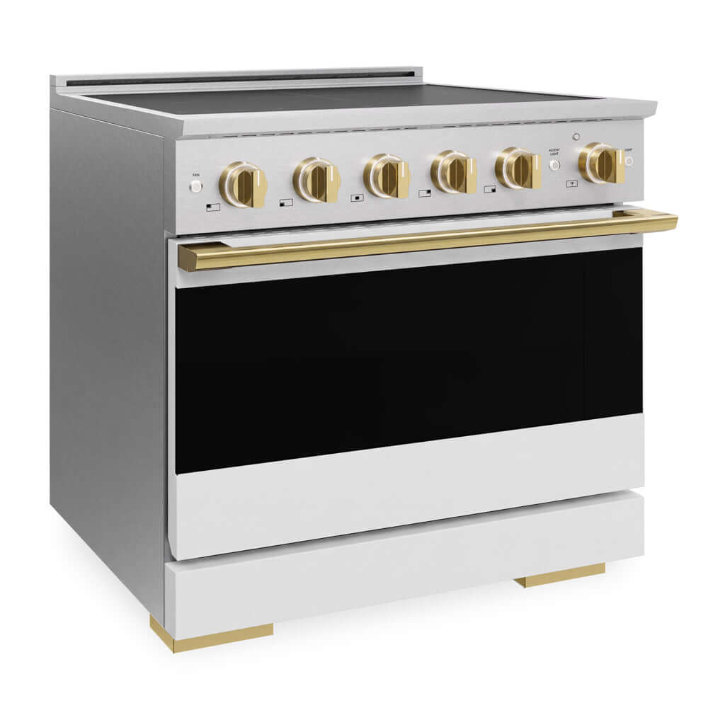ZLINE Autograph Edition 36 in. 5.2 cu. ft. Marino Induction Range with 5 Element Cooktop and Electric Convection Oven in Satin Stainless Steel with White Matte Door and Polished Gold Accents (MINRSZ-WM-36-G) side.