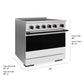 ZLINE Autograph Edition 36 in. 5.2 cu. ft. Marino Induction Range with 5 Element Cooktop and Electric Convection Oven in Satin Stainless Steel with White Matte Door and Matte Black Accents (MINRSZ-WM-36-MB) with dimensions labeled.