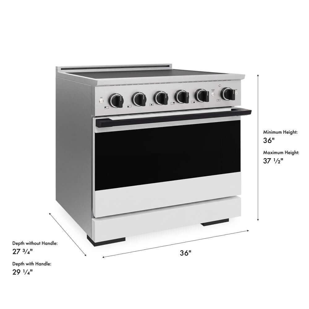 ZLINE Autograph Edition 36 in. 5.2 cu. ft. Marino Induction Range with 5 Element Cooktop and Electric Convection Oven in Satin Stainless Steel with White Matte Door and Matte Black Accents (MINRSZ-WM-36-MB) with dimensions labeled.