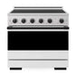 ZLINE Autograph Edition 36 in. 5.2 cu. ft. Marino Induction Range with 5 Element Cooktop and Electric Convection Oven in Satin Stainless Steel with White Matte Door and Matte Black Accents (MINRSZ-WM-36-MB) front, oven closed.
