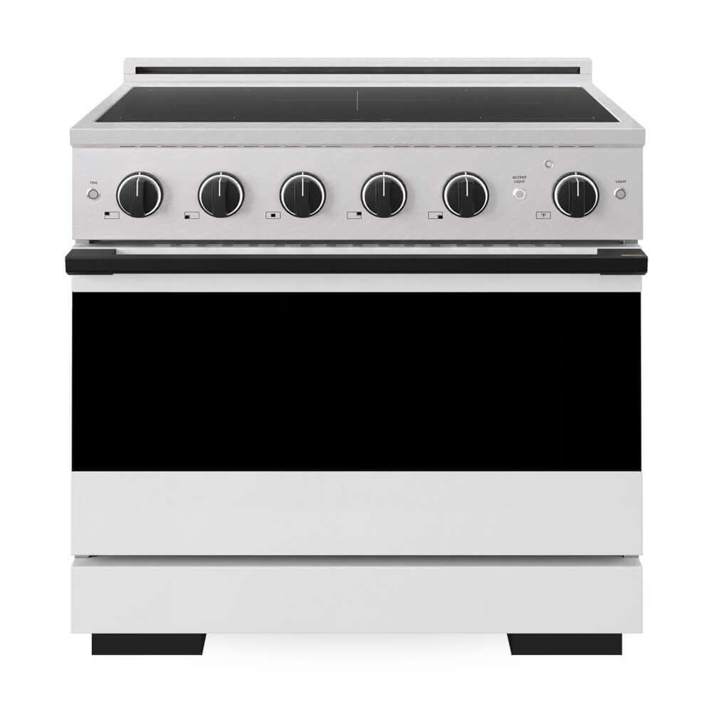 ZLINE Autograph Edition 36 in. 5.2 cu. ft. Marino Induction Range with 5 Element Cooktop and Electric Convection Oven in Satin Stainless Steel with White Matte Door and Matte Black Accents (MINRSZ-WM-36-MB) front, oven closed.