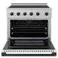 ZLINE Autograph Edition 36 in. 5.2 cu. ft. Marino Induction Range with 5 Element Cooktop and Electric Convection Oven in Satin Stainless Steel with White Matte Door and Matte Black Accents (MINRSZ-WM-36-MB) front, oven open.