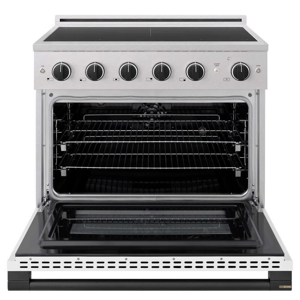 ZLINE Autograph Edition 36 in. 5.2 cu. ft. Marino Induction Range with 5 Element Cooktop and Electric Convection Oven in Satin Stainless Steel with White Matte Door and Matte Black Accents (MINRSZ-WM-36-MB) front, oven open.