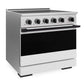 ZLINE Autograph Edition 36 in. 5.2 cu. ft. Marino Induction Range with 5 Element Cooktop and Electric Convection Oven in Satin Stainless Steel with White Matte Door and Matte Black Accents (MINRSZ-WM-36-MB) side.