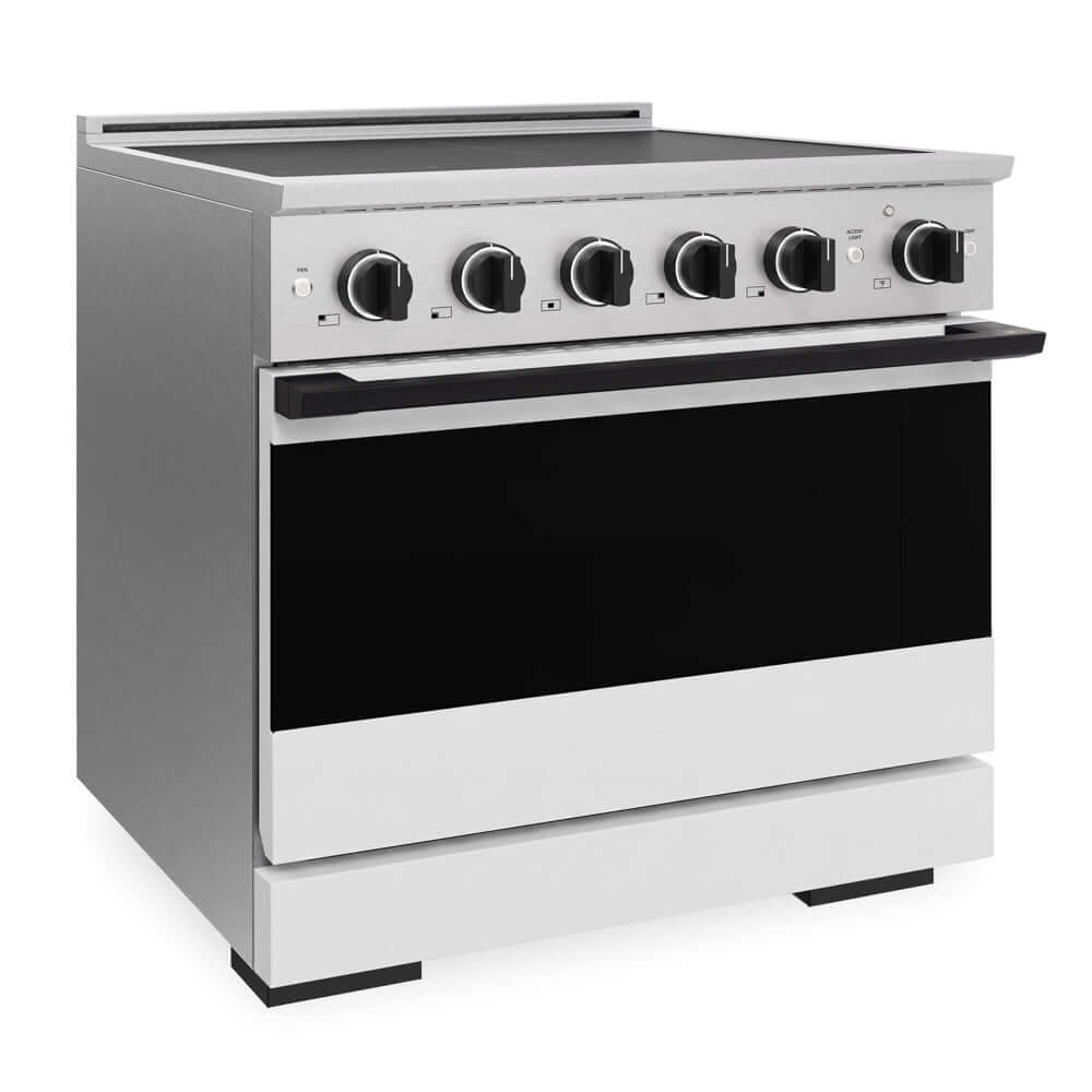 ZLINE Autograph Edition 36 in. 5.2 cu. ft. Marino Induction Range with 5 Element Cooktop and Electric Convection Oven in Satin Stainless Steel with White Matte Door and Matte Black Accents (MINRSZ-WM-36-MB) side.