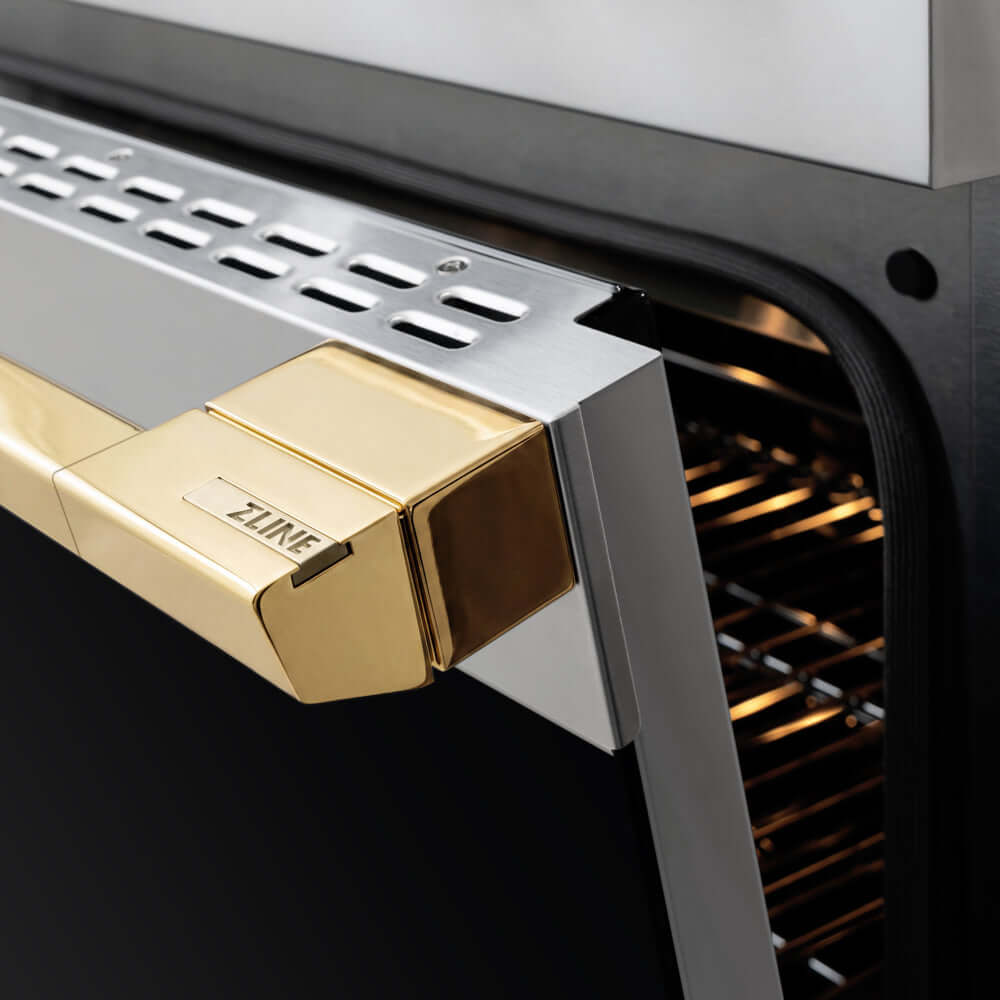 ZLINE Autograph Edition 24 in. 3.2 cu. ft. Marino Induction Range with 3 Element Cooktop and Electric Convection Oven in Stainless Steel with Polished Gold Accents (MINRZ-24-G) close-up, oven door handle.