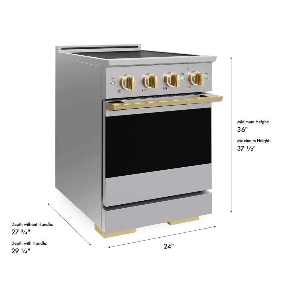 ZLINE Autograph Edition 24 in. 3.2 cu. ft. Marino Induction Range with 3 Element Cooktop and Electric Convection Oven in Stainless Steel with Polished Gold Accents (MINRZ-24-G) with dimensions labeled.