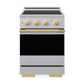ZLINE Autograph Edition 24 in. 3.2 cu. ft. Marino Induction Range with 3 Element Cooktop and Electric Convection Oven in Stainless Steel with Polished Gold Accents (MINRZ-24-G) front, oven closed.