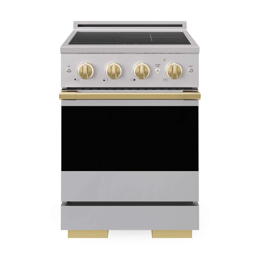 ZLINE Autograph Edition 24 in. 3.2 cu. ft. Marino Induction Range with 3 Element Cooktop and Electric Convection Oven in Stainless Steel with Polished Gold Accents (MINRZ-24-G) front, oven closed.