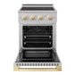 ZLINE Autograph Edition 24 in. 3.2 cu. ft. Marino Induction Range with 3 Element Cooktop and Electric Convection Oven in Stainless Steel with Polished Gold Accents (MINRZ-24-G) front, oven open.