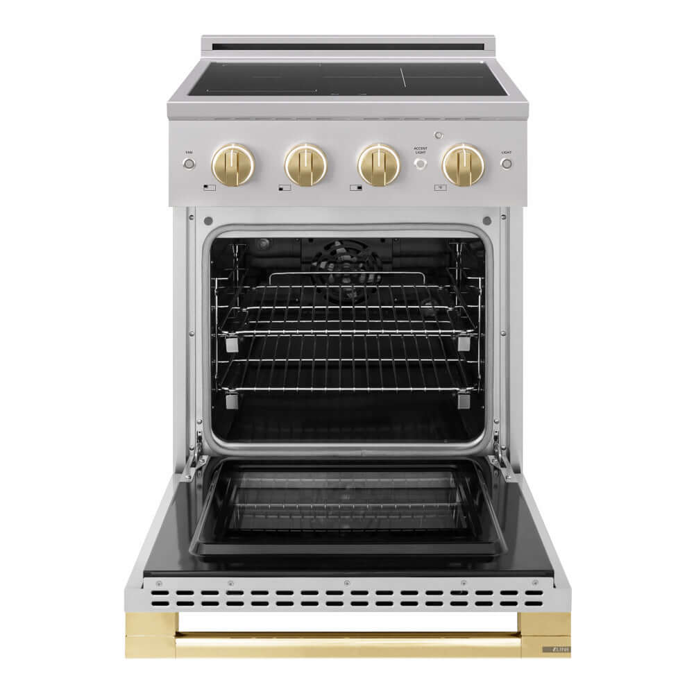 ZLINE Autograph Edition 24 in. 3.2 cu. ft. Marino Induction Range with 3 Element Cooktop and Electric Convection Oven in Stainless Steel with Polished Gold Accents (MINRZ-24-G) front, oven open.