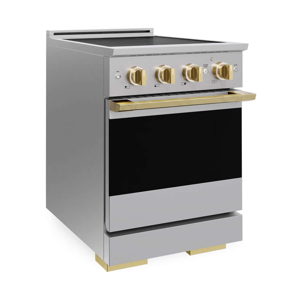 ZLINE Autograph Edition 24 in. 3.2 cu. ft. Marino Induction Range with 3 Element Cooktop and Electric Convection Oven in Stainless Steel with Polished Gold Accents (MINRZ-24-G) side.