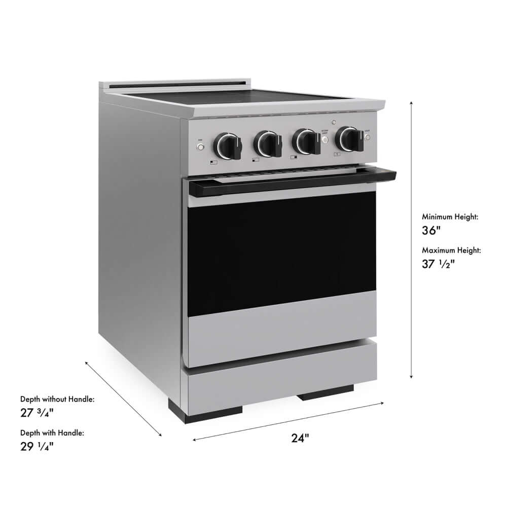 ZLINE Autograph Edition 24 in. 3.2 cu. ft. Marino Induction Range with 3 Element Cooktop and Electric Convection Oven in Stainless Steel with Matte Black Accents (MINRZ-24-MB) with dimensions labeled.