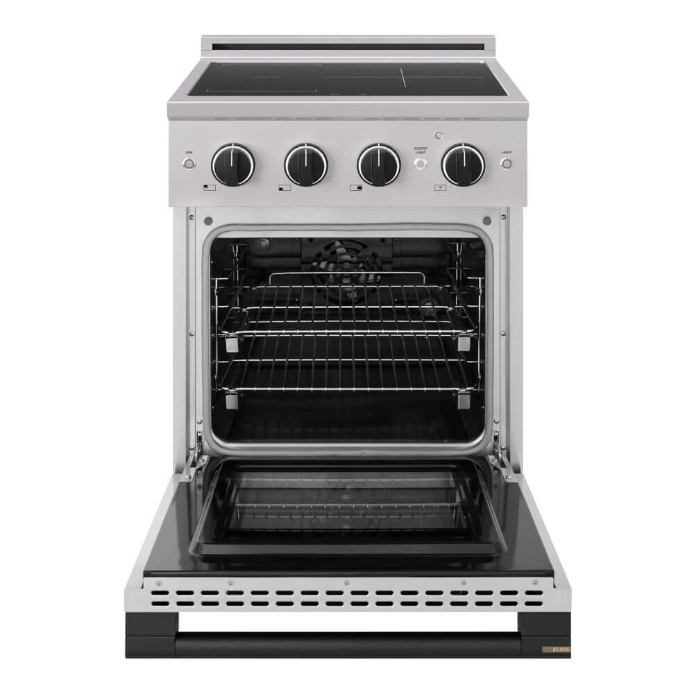 ZLINE Autograph Edition 24 in. 3.2 cu. ft. Marino Induction Range with 3 Element Cooktop and Electric Convection Oven in Stainless Steel with Matte Black Accents (MINRZ-24-MB) front, oven open.