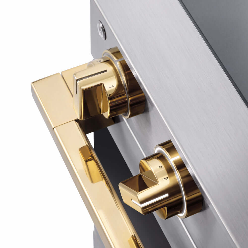 ZLINE Autograph Edition 30 in. 4.2 cu. ft. Marino Induction Range with 4 Element Cooktop and Electric Convection Oven in Stainless Steel with Polished Gold Accents (MINRZ-30-G) close-up, modern oven and cooktop knobs.
