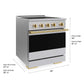 ZLINE Autograph Edition 30 in. 4.2 cu. ft. Marino Induction Range with 4 Element Cooktop and Electric Convection Oven in Stainless Steel with Polished Gold Accents (MINRZ-30-G) with dimensions labeled.