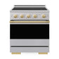 ZLINE Autograph Edition 30 in. 4.2 cu. ft. Marino Induction Range with 4 Element Cooktop and Electric Convection Oven in Stainless Steel with Polished Gold Accents (MINRZ-30-G) front, oven closed.