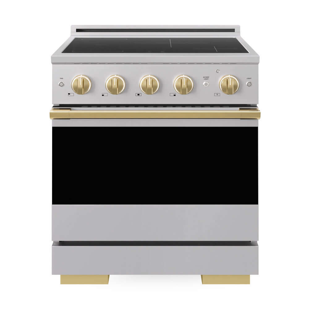 ZLINE Autograph Edition 30 in. 4.2 cu. ft. Marino Induction Range with 4 Element Cooktop and Electric Convection Oven in Stainless Steel with Polished Gold Accents (MINRZ-30-G) front, oven closed.