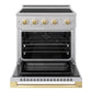 ZLINE Autograph Edition 30 in. 4.2 cu. ft. Marino Induction Range with 4 Element Cooktop and Electric Convection Oven in Stainless Steel with Polished Gold Accents (MINRZ-30-G) front, oven open.