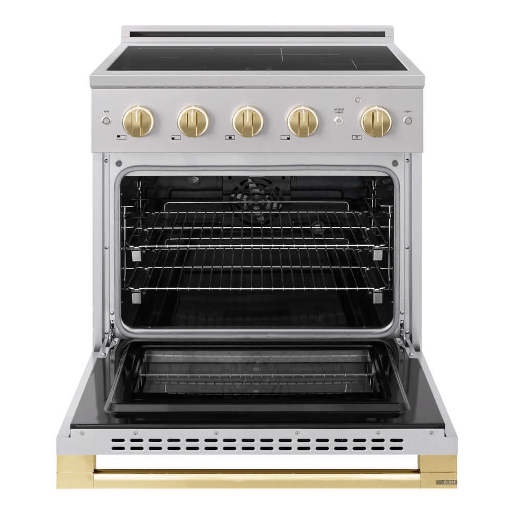 ZLINE Autograph Edition 30 in. 4.2 cu. ft. Marino Induction Range with 4 Element Cooktop and Electric Convection Oven in Stainless Steel with Polished Gold Accents (MINRZ-30-G) front, oven open.