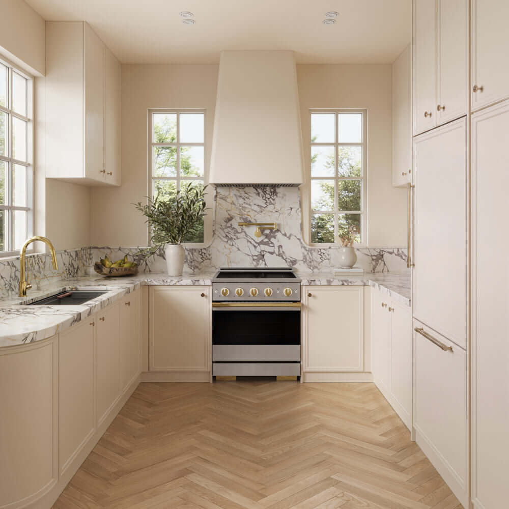 ZLINE Autograph Edition 30 in. 4.2 cu. ft. Marino Induction Range with 4 Element Cooktop and Electric Convection Oven in Stainless Steel with Polished Gold Accents (MINRZ-30-G) in a designer kitchen with custom details.
