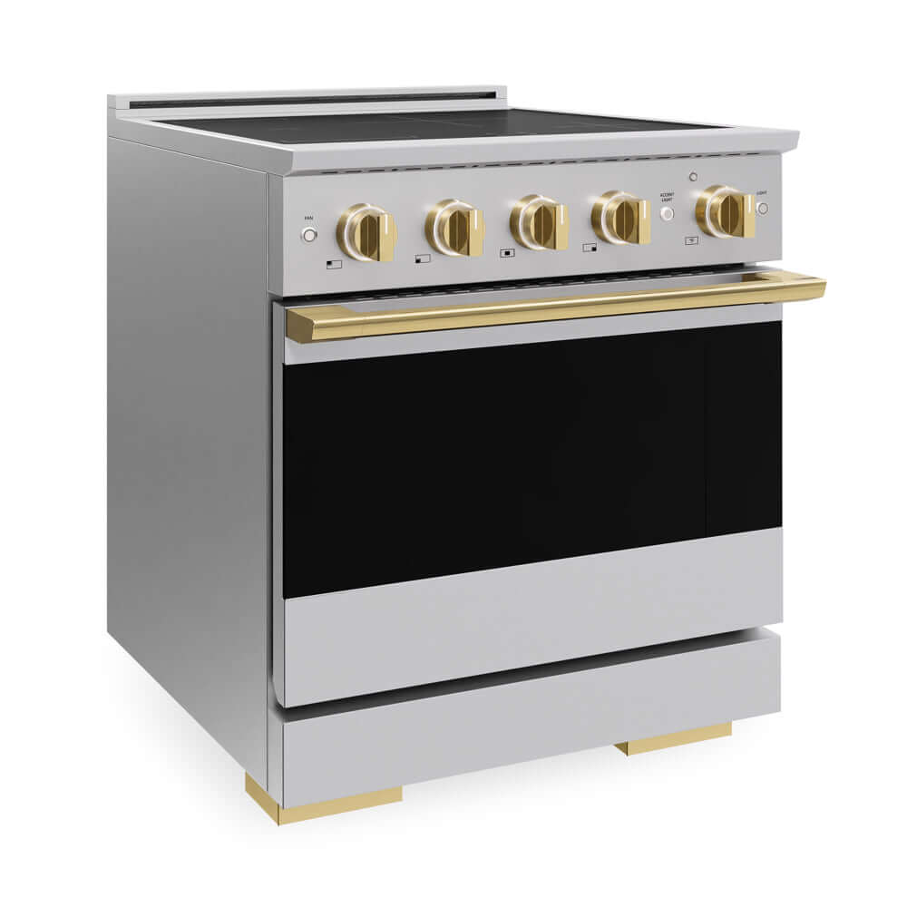 ZLINE Autograph Edition 30 in. 4.2 cu. ft. Marino Induction Range with 4 Element Cooktop and Electric Convection Oven in Stainless Steel with Polished Gold Accents (MINRZ-30-G) side.