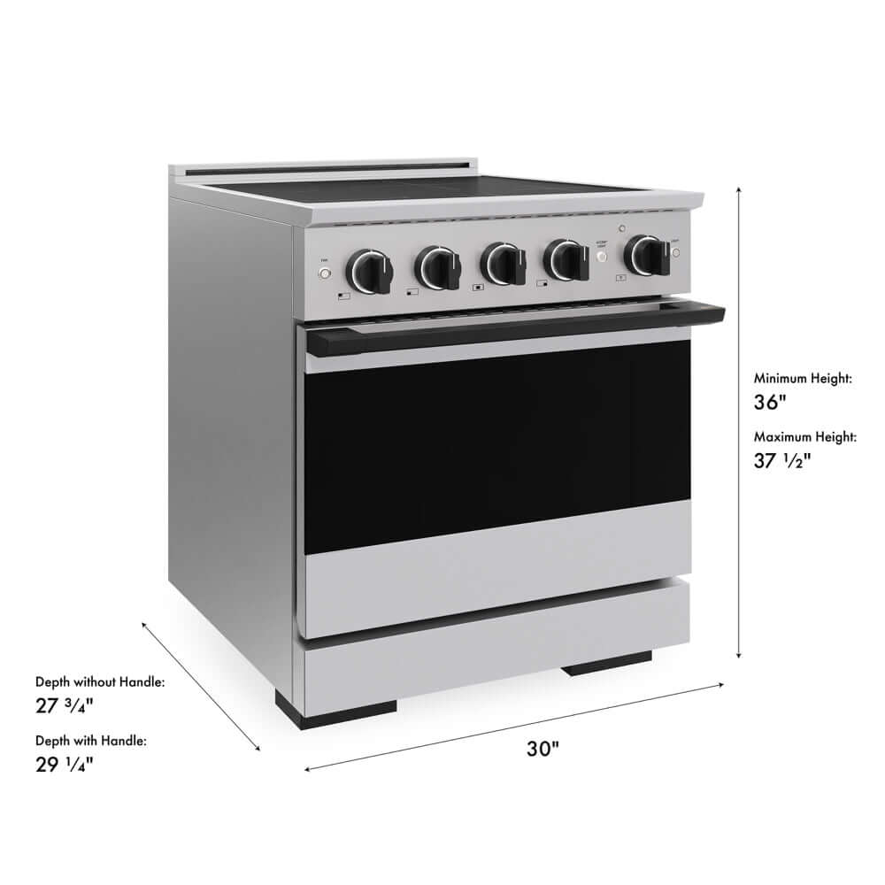 ZLINE Autograph Edition 30 in. 4.2 cu. ft. Marino Induction Range with 4 Element Cooktop and Electric Convection Oven in Stainless Steel with Matte Black Accents (MINRZ-30-MB) with dimensions labeled.