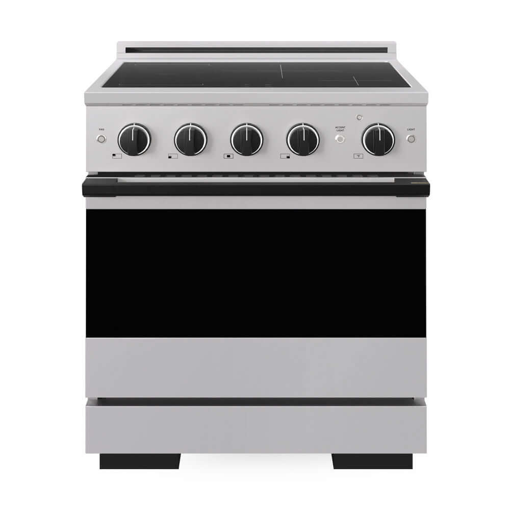 ZLINE Autograph Edition 30 in. 4.2 cu. ft. Marino Induction Range with 4 Element Cooktop and Electric Convection Oven in Stainless Steel with Matte Black Accents (MINRZ-30-MB) front, oven closed.