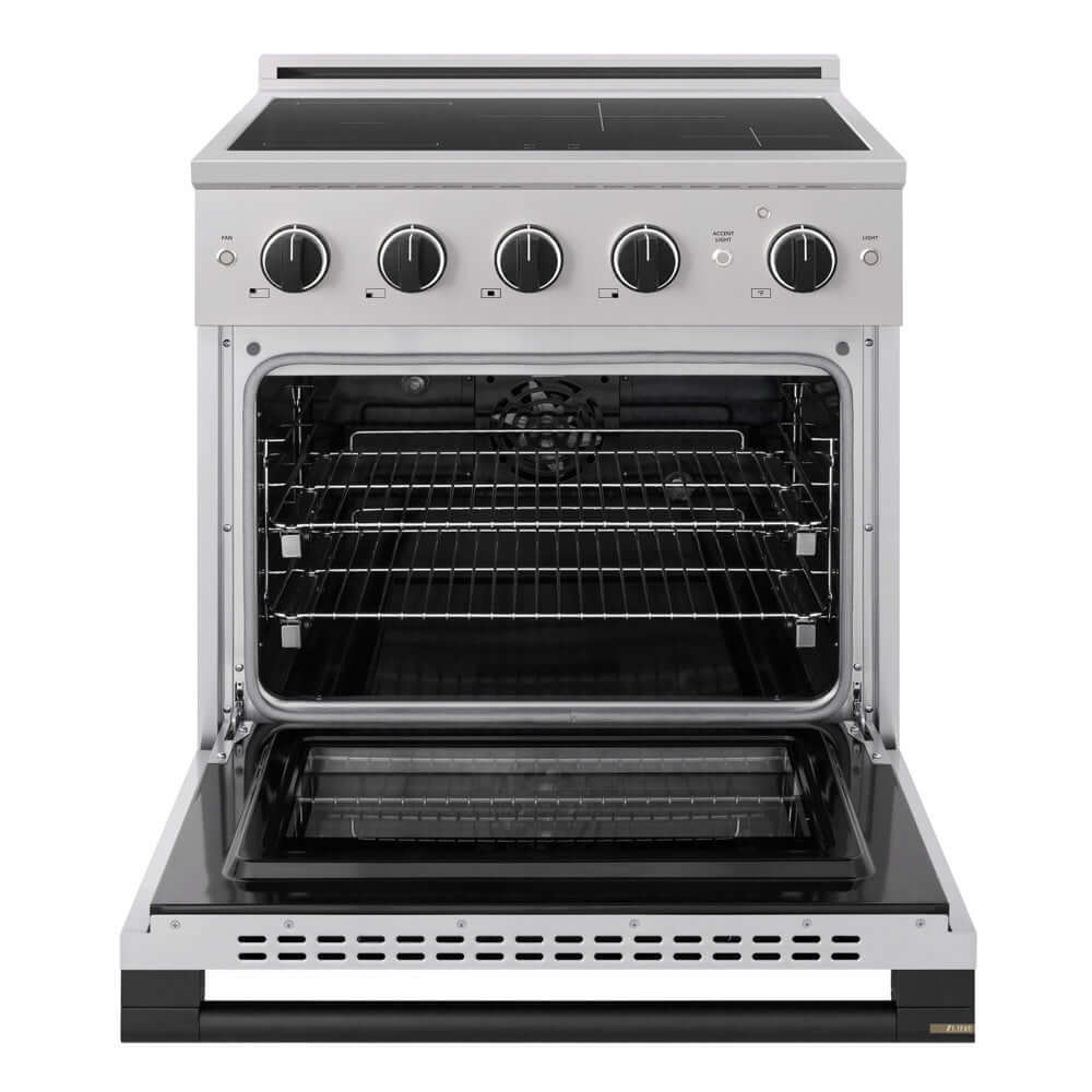 ZLINE Autograph Edition 30 in. 4.2 cu. ft. Marino Induction Range with 4 Element Cooktop and Electric Convection Oven in Stainless Steel with Matte Black Accents (MINRZ-30-MB) front, oven open.
