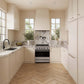 A modern kitchen interior with cream cabinetry, marble countertops and backsplash, light wood herringbone flooring, and a ZLINE Autograph Edition 30 in. 4.2 cu. ft. Marino Induction Range with 4 Element Cooktop and Electric Convection Oven in Stainless Steel with Matte Black Accents (MINRZ-30-MB) centered beneath a white range hood.