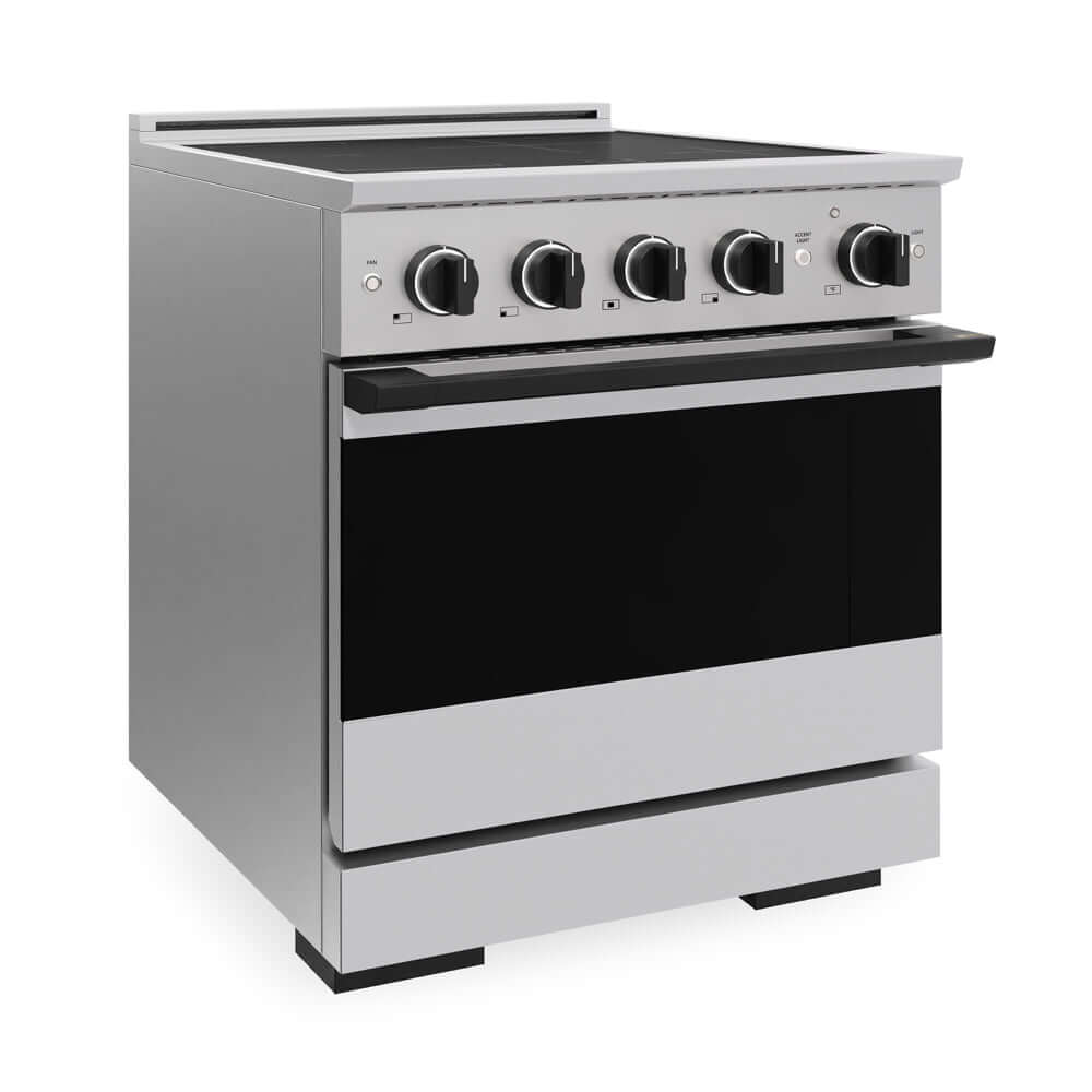 ZLINE Autograph Edition 30 in. 4.2 cu. ft. Marino Induction Range with 4 Element Cooktop and Electric Convection Oven in Stainless Steel with Matte Black Accents (MINRZ-30-MB) side.