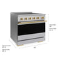 ZLINE Autograph Edition 36 in. 5.2 cu. ft. Marino Induction Range with 5 Element Cooktop and Electric Convection Oven in Stainless Steel with Polished Gold Accents (MINRZ-36-G) with dimensions labeled.
