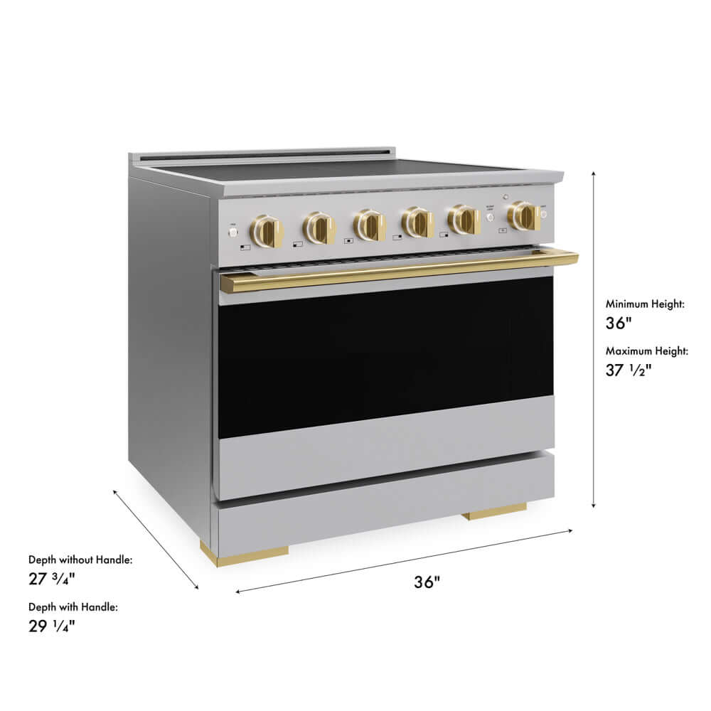 ZLINE Autograph Edition 36 in. 5.2 cu. ft. Marino Induction Range with 5 Element Cooktop and Electric Convection Oven in Stainless Steel with Polished Gold Accents (MINRZ-36-G) with dimensions labeled.