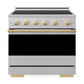 ZLINE Autograph Edition 36 in. 5.2 cu. ft. Marino Induction Range with 5 Element Cooktop and Electric Convection Oven in Stainless Steel with Polished Gold Accents (MINRZ-36-G) front, oven closed.