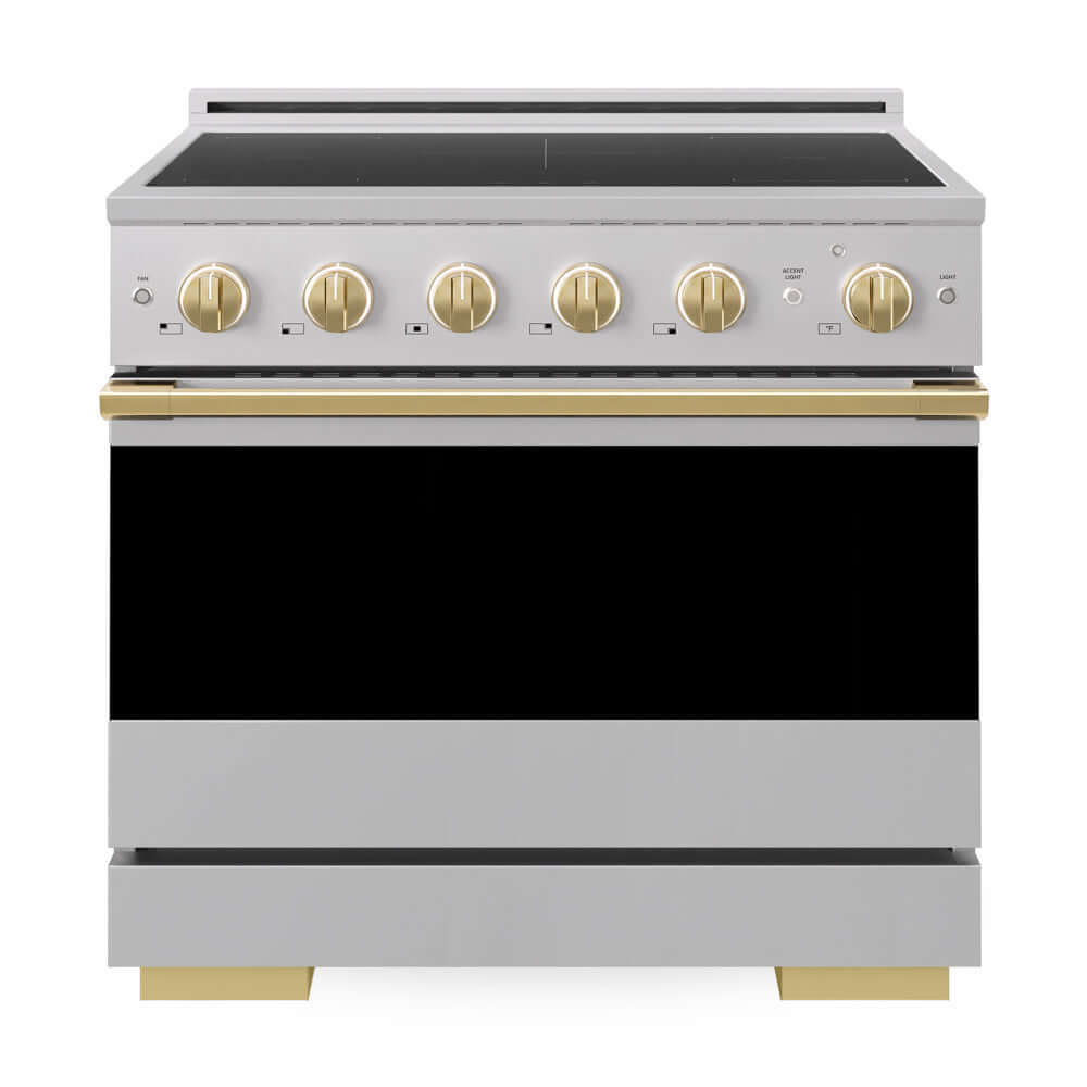 ZLINE Autograph Edition 36 in. 5.2 cu. ft. Marino Induction Range with 5 Element Cooktop and Electric Convection Oven in Stainless Steel with Polished Gold Accents (MINRZ-36-G) front, oven closed.
