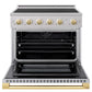 ZLINE Autograph Edition 36 in. 5.2 cu. ft. Marino Induction Range with 5 Element Cooktop and Electric Convection Oven in Stainless Steel with Polished Gold Accents (MINRZ-36-G) front, oven open.