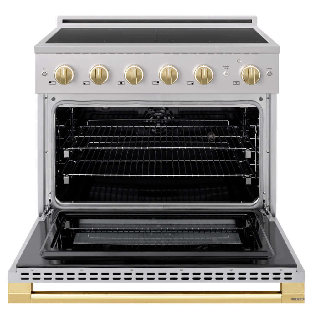 ZLINE Autograph Edition 36 in. 5.2 cu. ft. Marino Induction Range with 5 Element Cooktop and Electric Convection Oven in Stainless Steel with Polished Gold Accents (MINRZ-36-G) front, oven open.