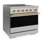 ZLINE Autograph Edition 36 in. 5.2 cu. ft. Marino Induction Range with 5 Element Cooktop and Electric Convection Oven in Stainless Steel with Polished Gold Accents (MINRZ-36-G) side.